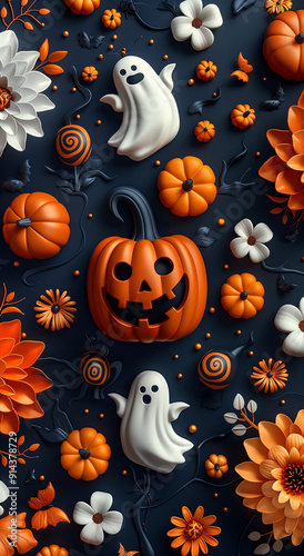 Colorful Halloween Pattern with Pumpkins, Ghosts, Bats, and Flowers for Stickers or Bullet Journals, Vector Art