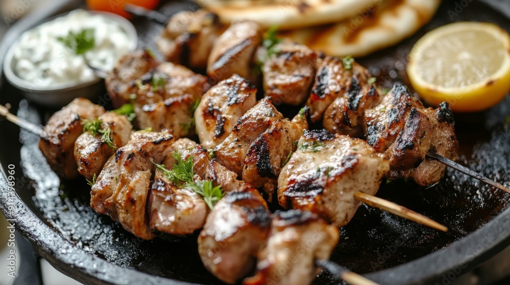 Juicy chicken skewers are perfectly grilled, served with fresh herbs and accompanied by pita bread and sauce.