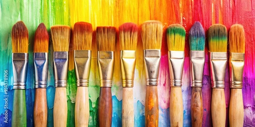 Rows of vibrant watercolor paintbrushes on background, watercolor, paintbrushes, vibrant, colorful, art supplies, artistic