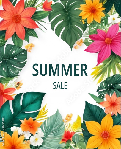 Advertising discount promotional flyer poster design Summer sale Colorful flowers and leaves frame