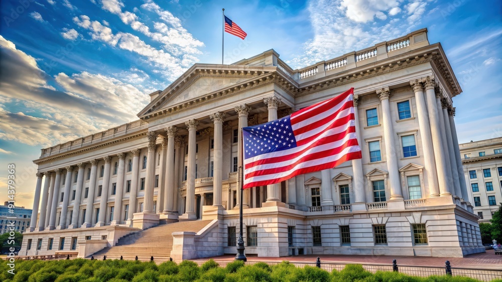 Obraz premium Imposing government building with waving American flag in urban cityscape, government, building, architecture