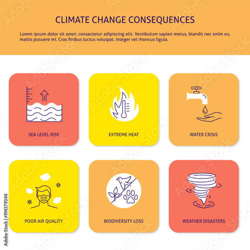 Climate change consequences banner template with place for text. Global warming, sea level rise. Vector illustration.