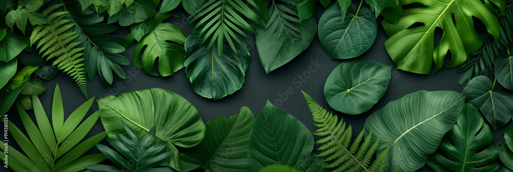 Fototapeta premium A close up of a variety of green leaves, including palm leaves, ferns