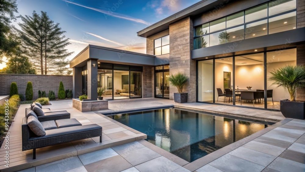 Modern front entrance and patio with concrete pavers, low seating, large windows Modern front entrance and patio with concrete pavers, low seating, large windows