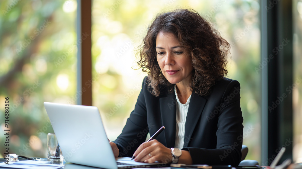 copy space, stockphoto, hispanic Busy mature business woman, middle aged professional executive manager lawyer wearing suit writing notes watching online webinar, using laptop copy space, stockphoto, hispanic Busy mature business woman, middle aged professional executive manager lawyer wearing suit writing notes watching online webinar, using laptop