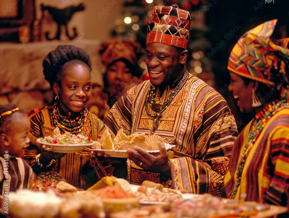 A family of African descent is gathered around a table with plates of food. The man is holding a plate of food and smiling, while the children are also smiling and holding plates