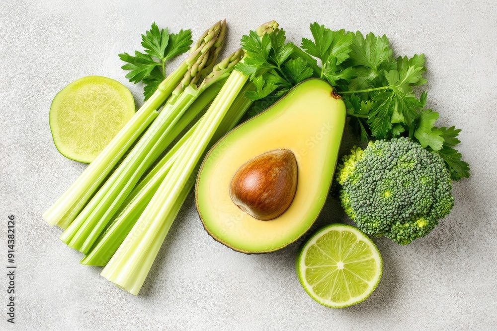 Fresh Green Vegetables on a Grey Surface Fresh Green Vegetables on a Grey Surface