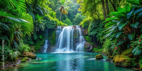 Tranquil waterfall in lush jungle setting, surrounded by vibrant foliage creating a natural oasis, waterfall, serene, lush