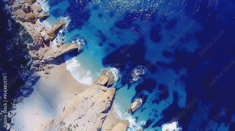 Fototapeta premium Experience the Stunning Aerial View of Pristine Ocean Waves and Rocky Shoreline Paradise