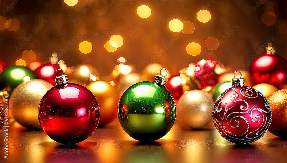 Fototapeta premium Beautiful glowing background with Christmas and New Year decorations and colorful balls. Christmas New Year fairytale mood. Christmas New Year winter home fairytale holiday. 