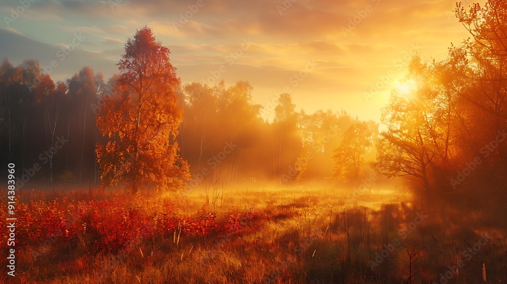 A stunning landscape of autumn sunset and trees, with warm colors and soft light A stunning landscape of autumn sunset and trees, with warm colors and soft light