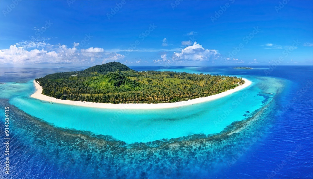 Fototapeta premium Tropical Paradise: A serene, picturesque island with pristine white sand beaches, crystal-clear turquoise waters, and lush greenery, creating a breathtaking tropical escape. 
