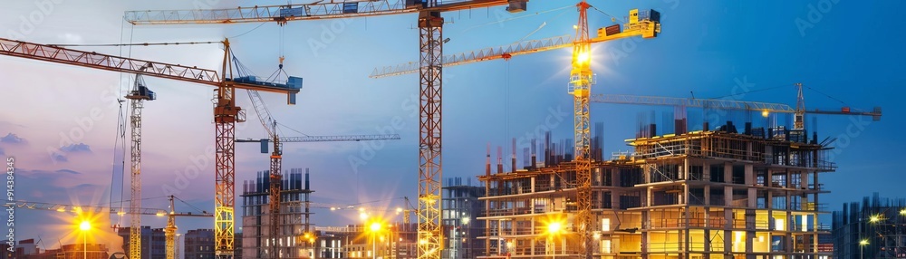 A bustling construction site at dusk with multiple cranes and partially constructed buildings illuminated by lights. A bustling construction site at dusk with multiple cranes and partially constructed buildings illuminated by lights.