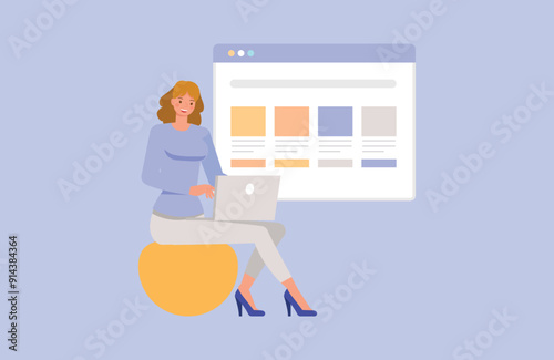 Woman sit use notebook create website. Character vector design. Flat illustration style.
