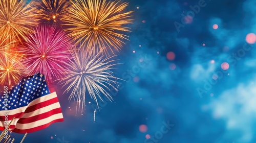 High-resolution illustration of the USA flag with a backdrop of vibrant fireworks, perfect for Fourth of July and other celebrations