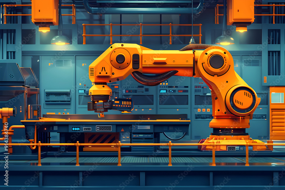 Industrial robotic arm in a factory setting. Industrial robotic arm in a factory setting.