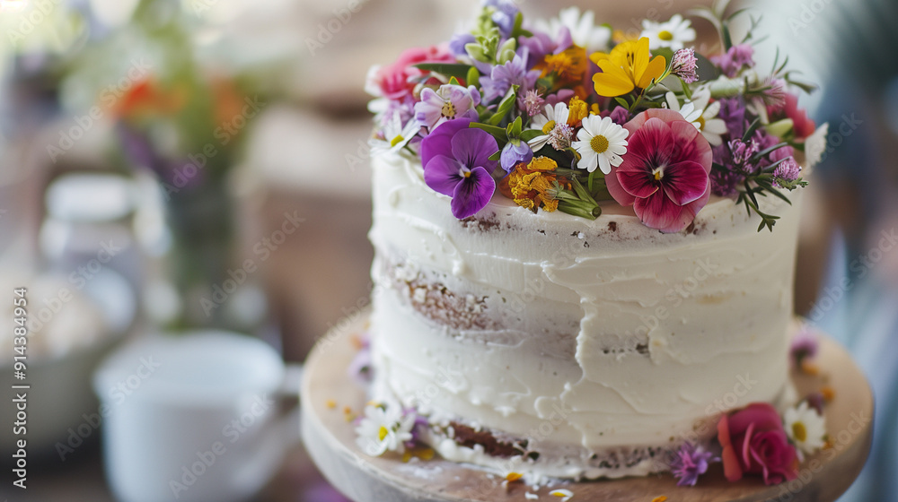 a cake decorated with fresh, edible flowers such as roses, violets, daisies or marigolds a cake decorated with fresh, edible flowers such as roses, violets, daisies or marigolds