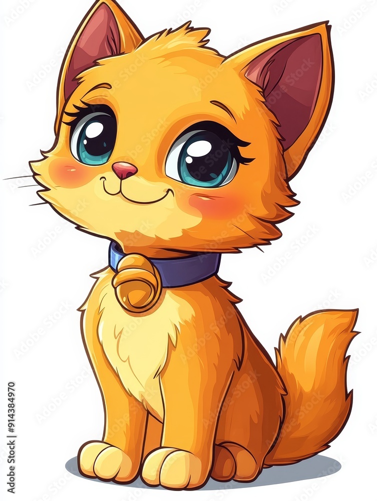 Cute Cartoon Cat with Big Eyes and a Bell Collar Cute Cartoon Cat with Big Eyes and a Bell Collar