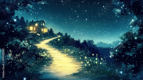 Enchanted Forest Night Scene with Illuminated Pathway and Starry Sky