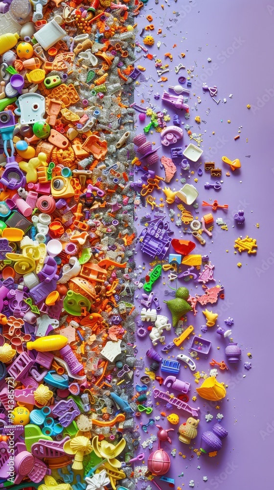Fototapeta premium Brightly colored small plastic toys are scattered across a purple background, creating a playful and vibrant composition