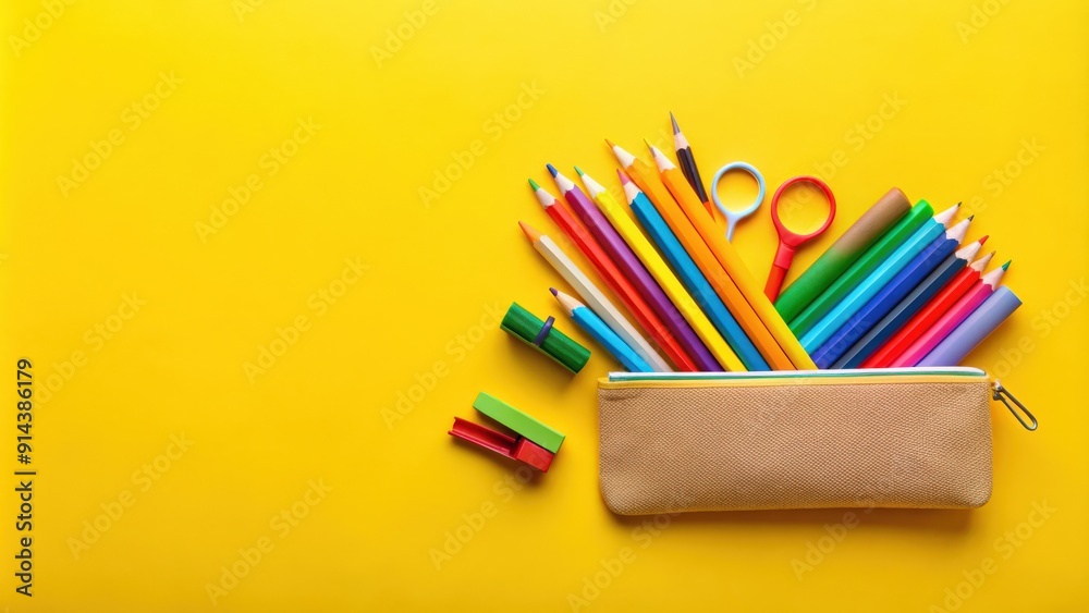 Pencil case with school supplies on yellow background. Back to school concept. Flat lay Pencil case with school supplies on yellow background. Back to school concept. Flat lay