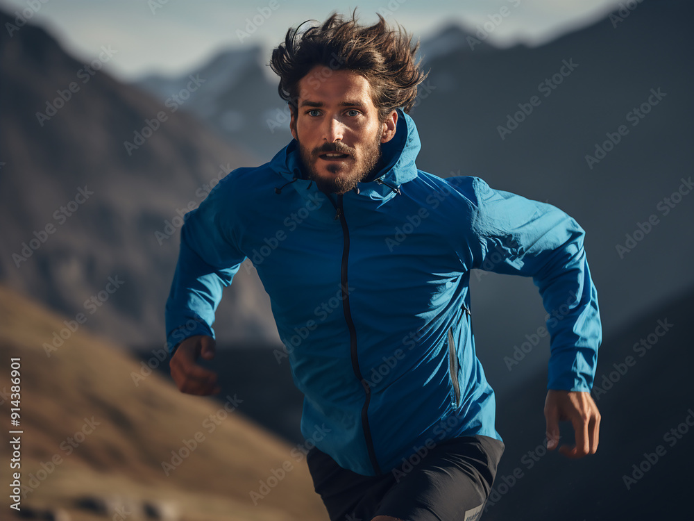 Fototapeta premium Runner in a blue jacket and black shorts running on a mountain trail