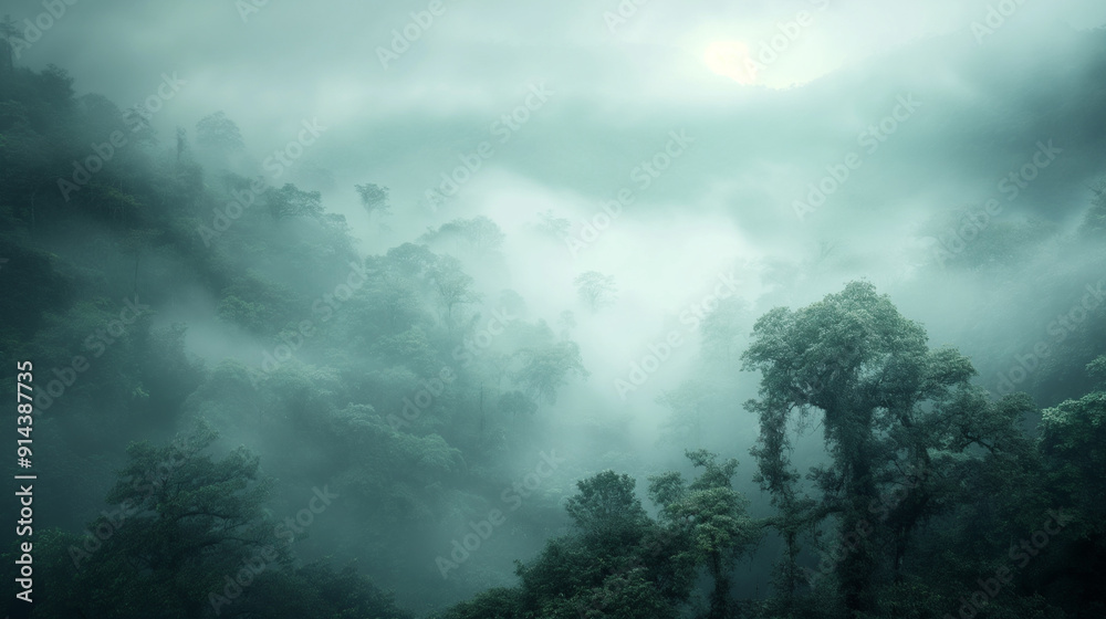 A misty forest with trees and a cloudy sky A misty forest with trees and a cloudy sky