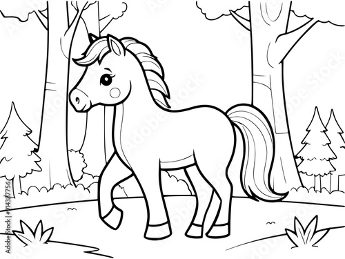 Drawing simple lines cute horse coloring book pages. cartoons for preschool children