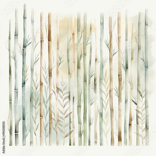 A painting of bamboo trees with a light blue background