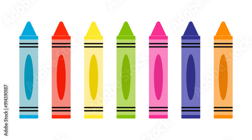 Colorful Row of Seven Crayons in Various Bright Colors on a White Background.