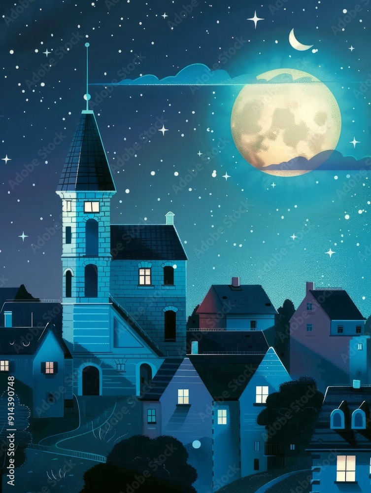 Fototapeta premium A Charming Nighttime Village with a Beautifully Moonlit Sky and a Serene Atmosphere
