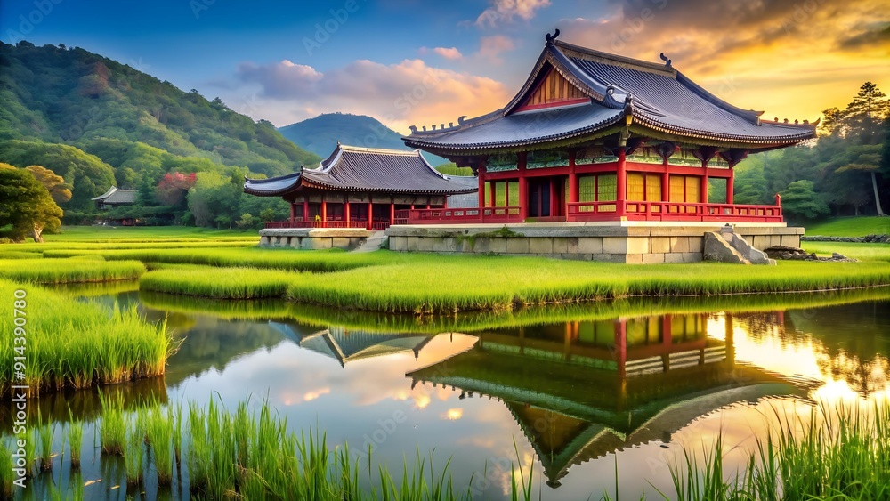 Serene Tranquility: A Korean Temple Nestled Amidst Verdant Rice Fields Generative AI Serene Tranquility: A Korean Temple Nestled Amidst Verdant Rice Fields Generative AI