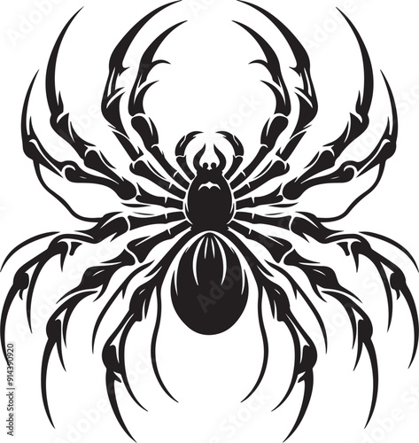 A spider silhouette clings to its web, legs splayed in a delicate yet eerie formation. Its poised, angular body evokes a sense of mystery and precision, a quiet hunter in the shadows of its intricate 