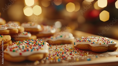 Festively decorated cookies with icing and sprinkles spread across a wooden table, capturing the joyful spirit of the holiday season