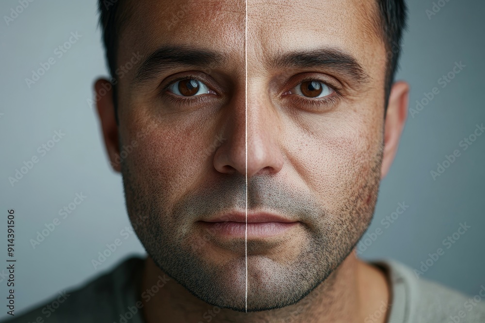 Obraz premium Portrait of a man with one side of his face showing a scar and the other side healed, representing scar treatment. High-resolution, detailed textures, crisp focus