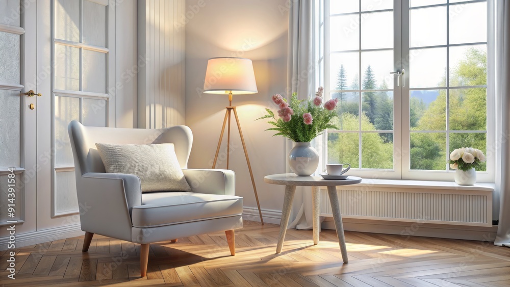 Fototapeta premium A Cozy Reading Nook with a White Armchair and a View, 3D Render, Interior Design, Living Room, Home Decor, armchair, reading nook