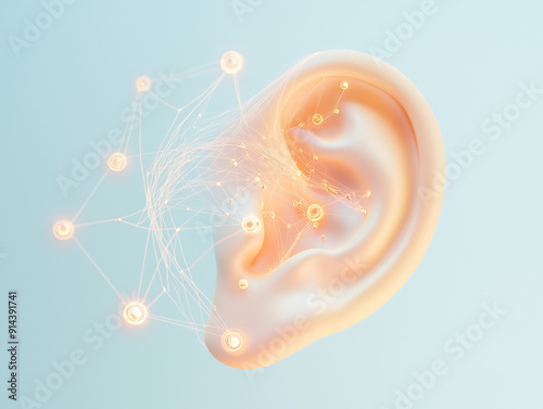 3D ear model showcasing acupuncture points with energy lines connecting them, set against a tranquil background with empty copy space for text or logos. Ideal for holistic health visuals. isolated. AI photo