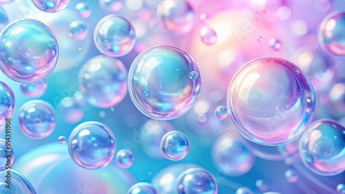 Abstract pastel pink and blue background with iridescent magical air bubbles, resembling glass balls or water drops, pastel