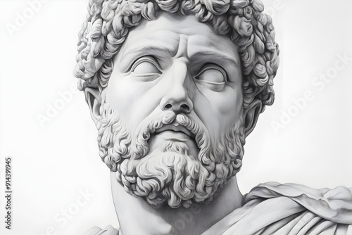 Marble Bust of Emperor Marcus Aurelius with Stoic Expression and Laurel Wreath on Clean White Background photo