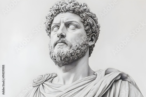 Marble Bust of Stoic Roman Emperor Marcus Aurelius with Laurel Wreath on Clean White Background