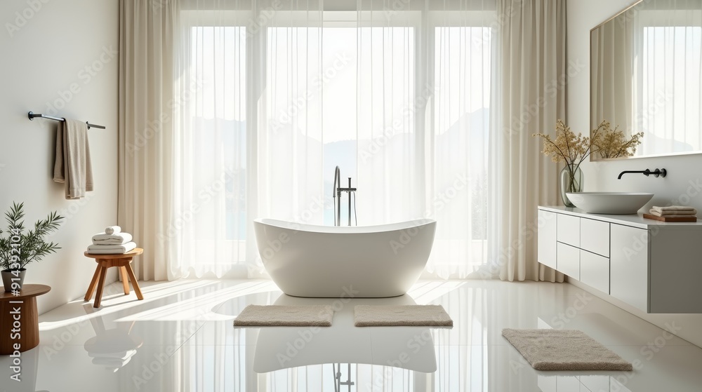 A luxurious, modern bathroom featuring a sleek freestanding tub, large windows with flowing curtains, and a floating vanity, creating a spa-like ambiance.