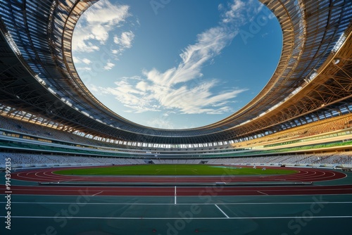 A stunning Olympic stadium showcasing its vibrant colors and impressive architecture. The perfect blend of modern design and athletic excellence.