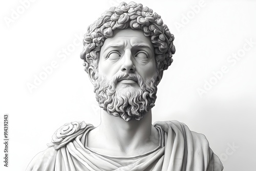 Marble Bust of Roman Emperor Marcus Aurelius with Stoic Expression and Laurel Wreath on Clean White Background