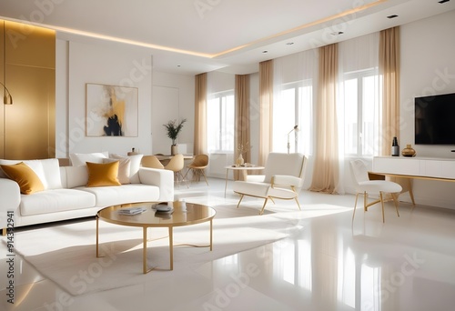 White and gold theme interior modern minimalism photo realism neww Style 3d Paints Doodle Illustration Deep View High Results 4k HD