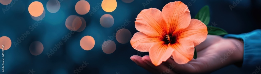 A person holds a beautiful orange flower against a blurred background of warm lights, symbolizing beauty and nature. A person holds a beautiful orange flower against a blurred background of warm lights, symbolizing beauty and nature.