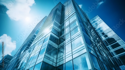 Modern glass skyscraper against a bright blue sky.