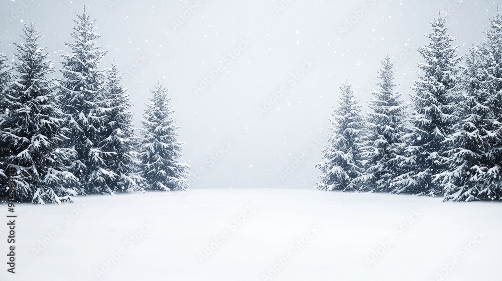 Naklejka premium Delightful winter landscape featuring a serene backdrop of snow-laden evergreens and festive decorations celebrating the holiday spirit