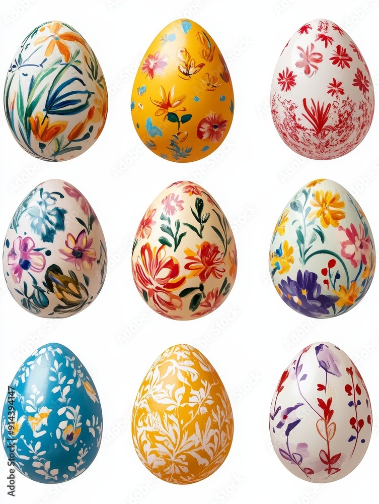 Nine Hand-Painted Easter Eggs with Floral Designs Nine Hand-Painted Easter Eggs with Floral Designs