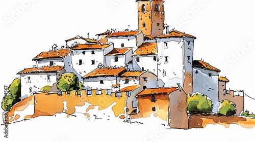 This detailed pen and ink drawing captures a compact hillside town with characteristic orange roofs and a central tower, highlighting the intricate and historical architectural elements with a modern