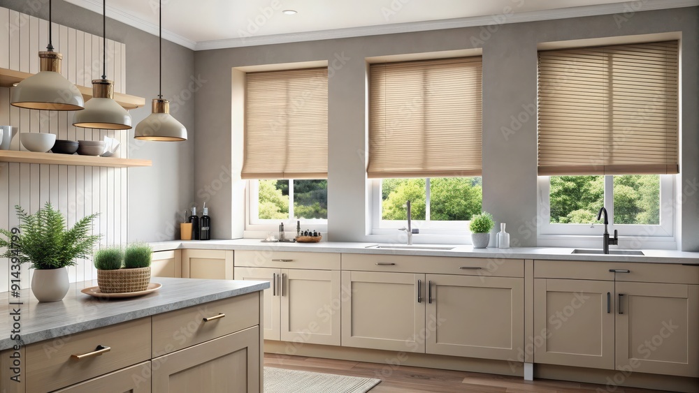 Beige blackout roller blind and shutters in stylish modern kitchen, Beige, blackout, roller blind, windows Beige blackout roller blind and shutters in stylish modern kitchen, Beige, blackout, roller blind, windows